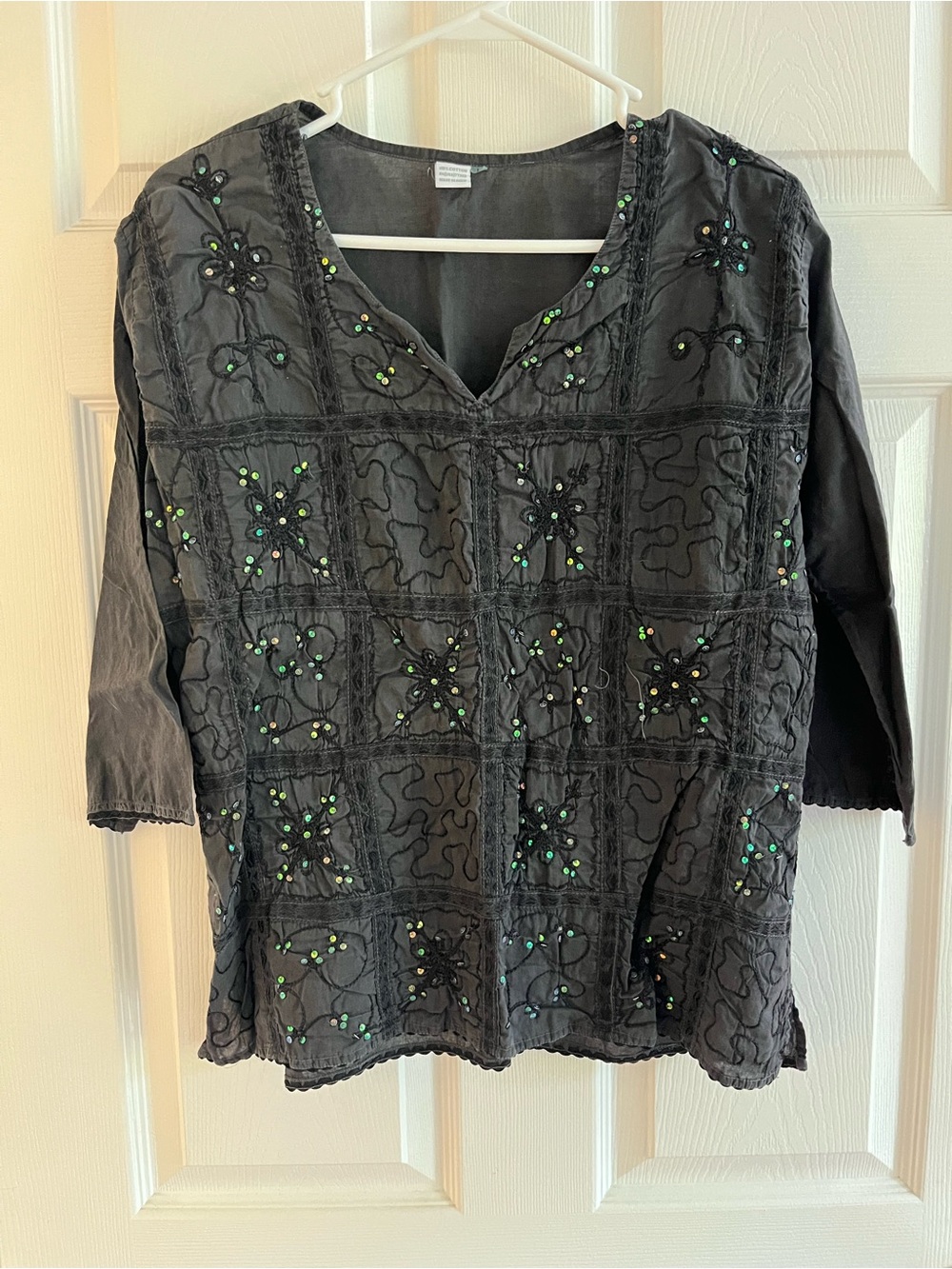 Cotton Sequin 3/4 Sleeve Top